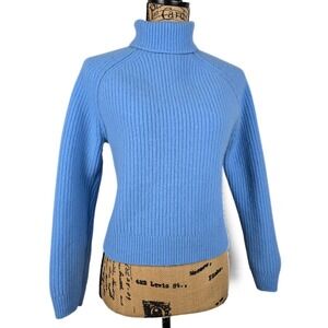 Jigsaw Women's 100% Wool Ribbed Turtleneck Sweater Size S. Crop‎ Blue Minimalist
